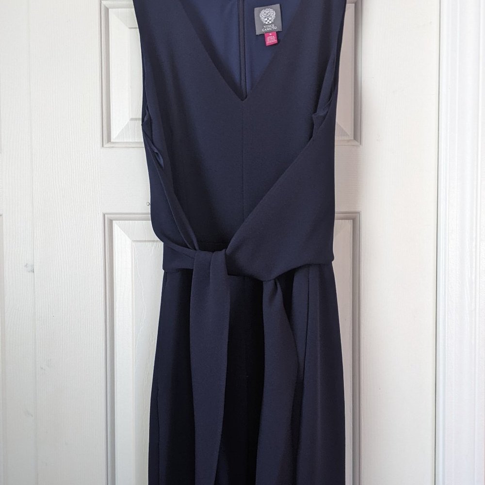 Worn once Vince Camuto Tie Waist Jumpsuit Navy Blue sleeveless v neck wide leg l